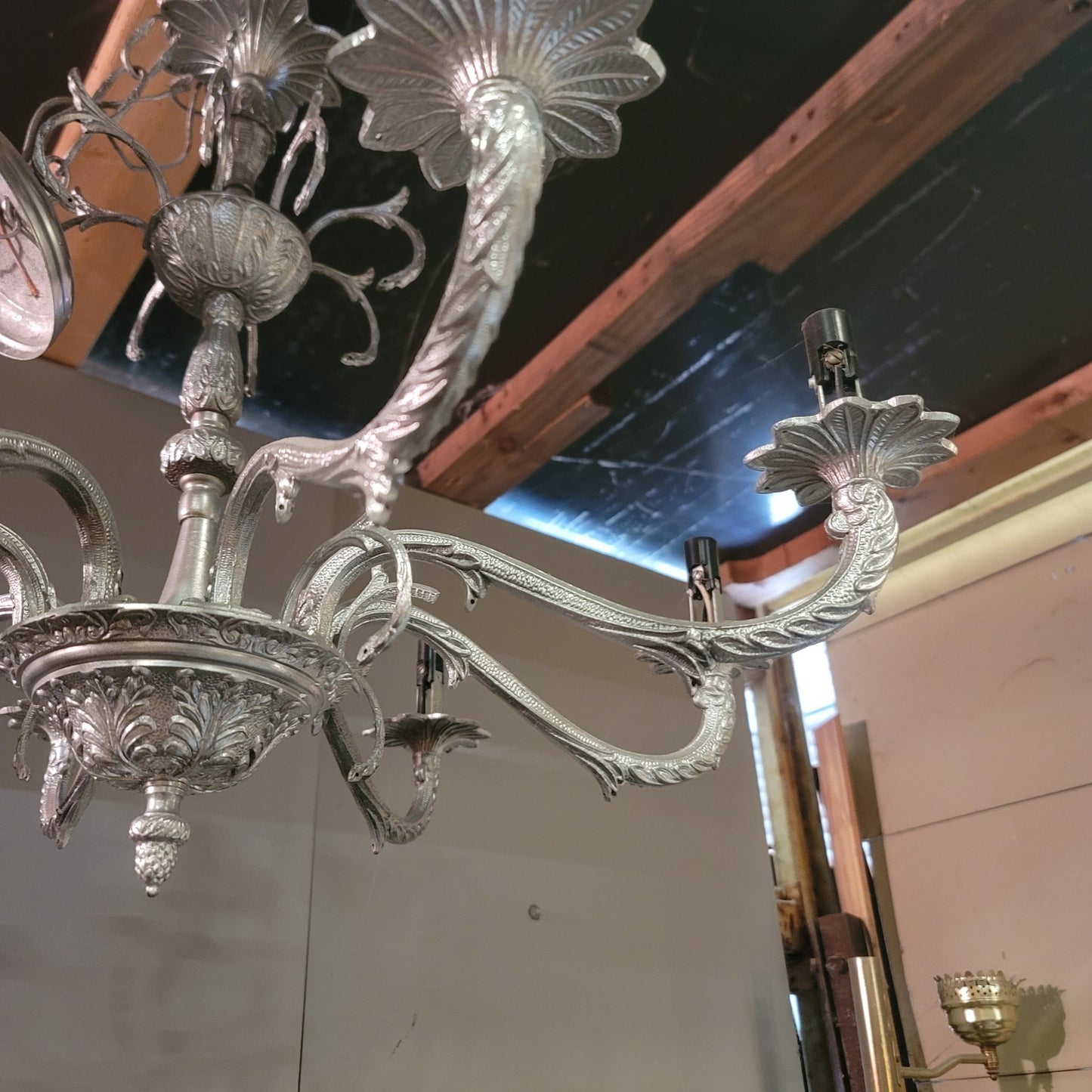 Vintage 8 light brass Chandelier Ornate French Style Hanging Lamp 24" x 20"