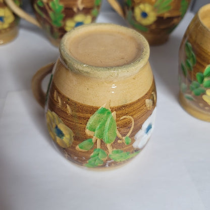 Set of 6 Primitive folk VINTAGE hand painted art pottery mug cup encised flowers