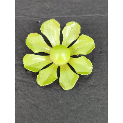 Vintage Enamel Flower Brooch Pin Chartreuse Lime Green Gold Tone Retro