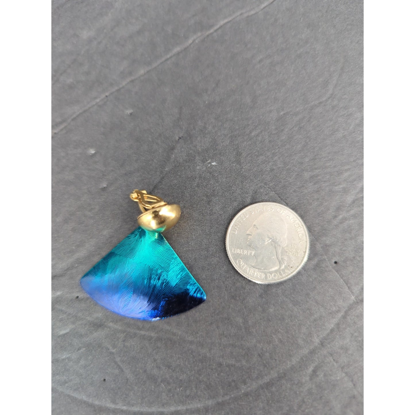 Vintage Vibrant Blue Textured Fan Triangle 1980sShield Clip On Dangle Earrings