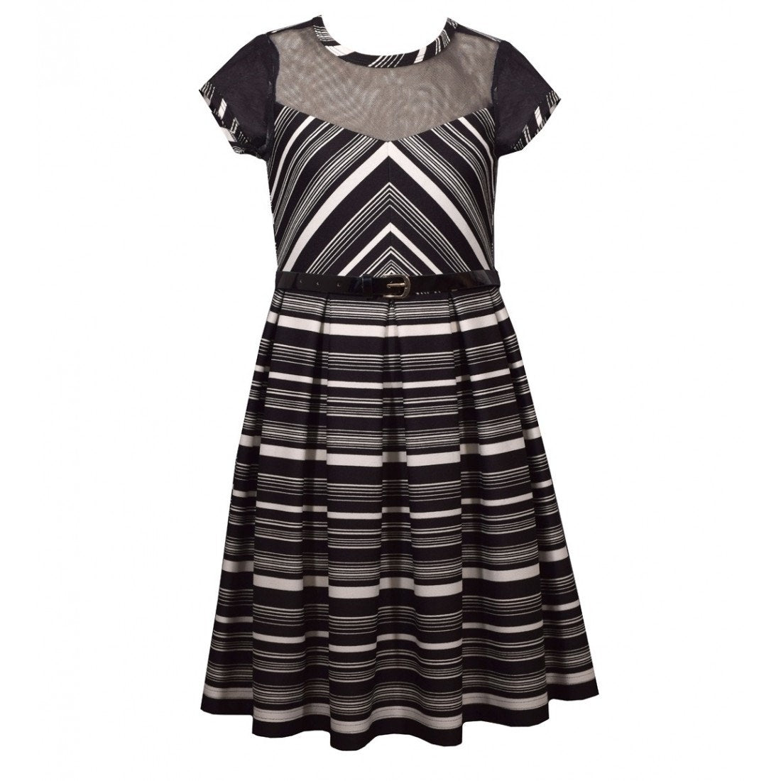 Iris & Ivy Size 16 black White Dress & Belt short sleeve pleated front sheer top