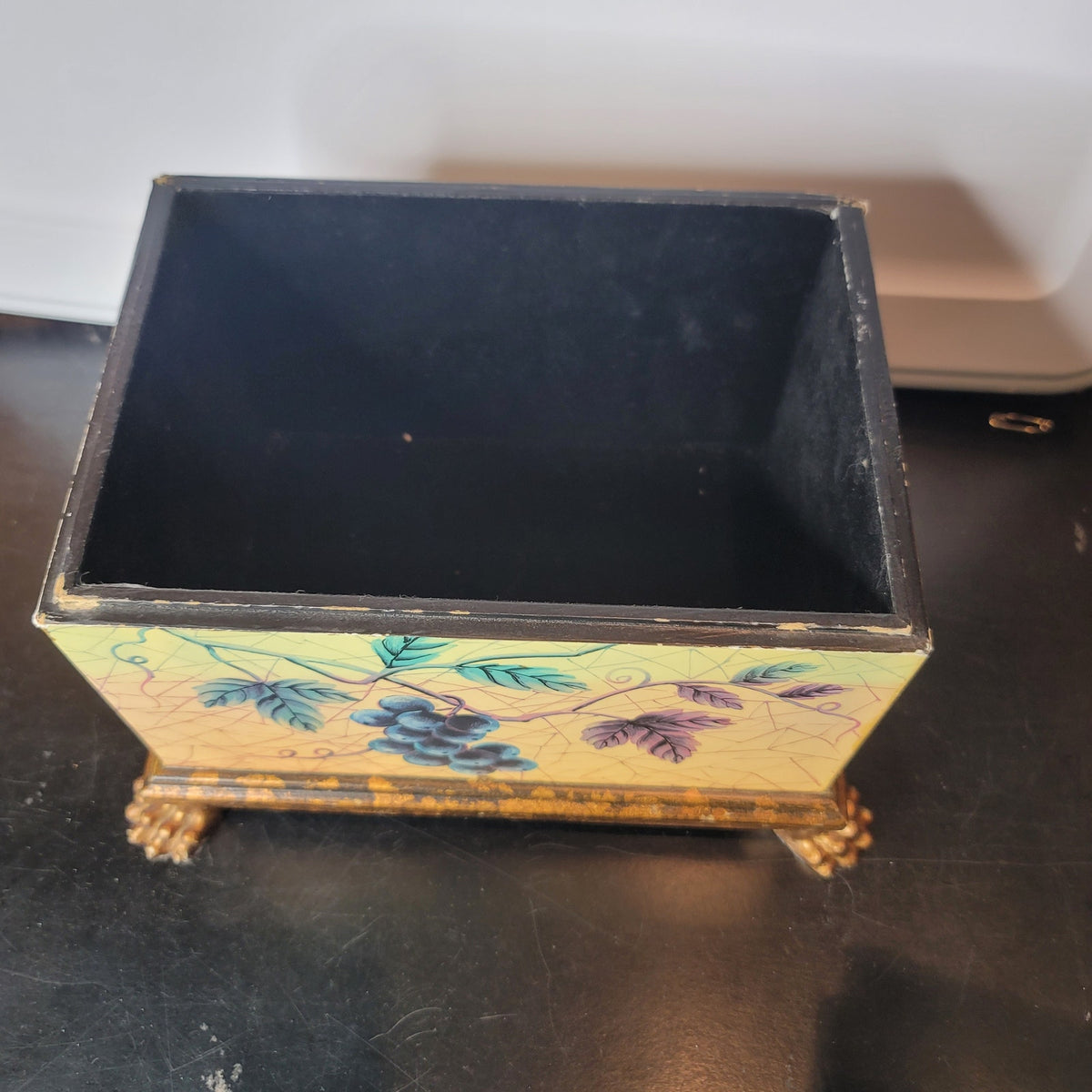 Yellow box footed Floral Chest Organizer Jewelry WhatNots Stash Finial Top