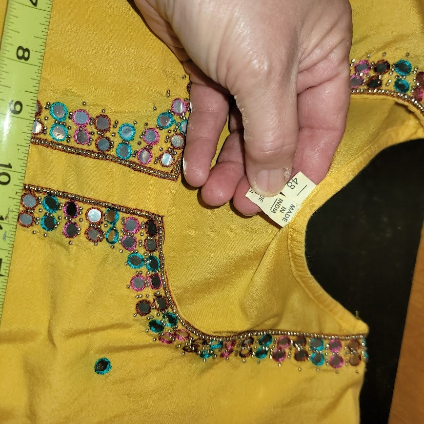 Fabindia Yellow Embroidered Long Sleeve Tunic Top Beaded Embellishments Large