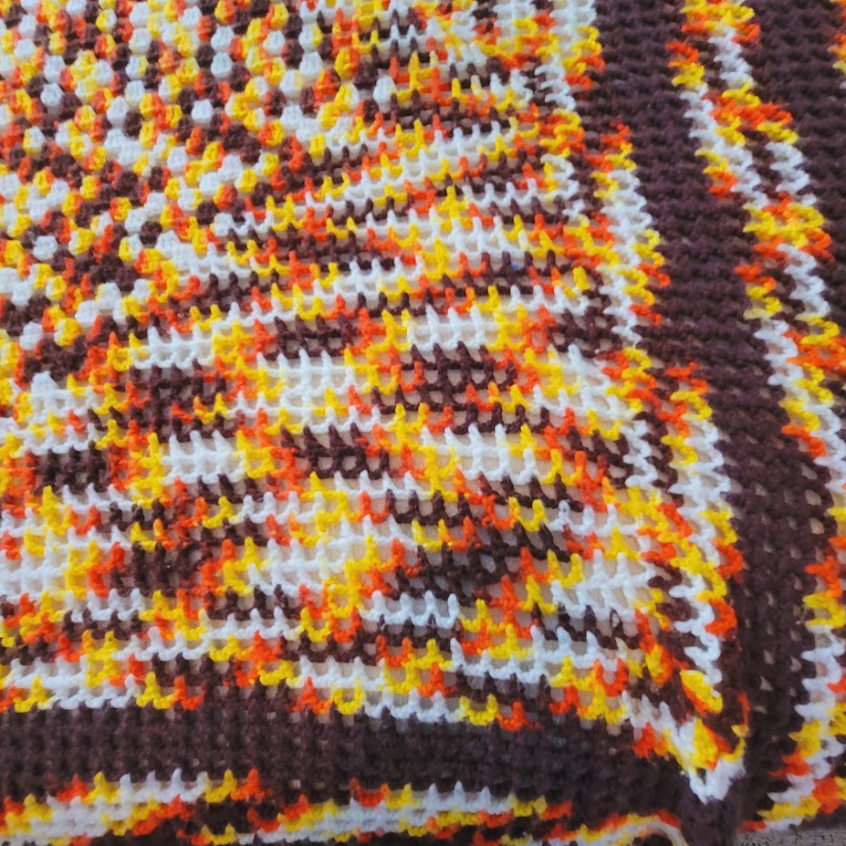 Handmade crocheted 70s coverlet yellow brown white orange Queen / Full blanket