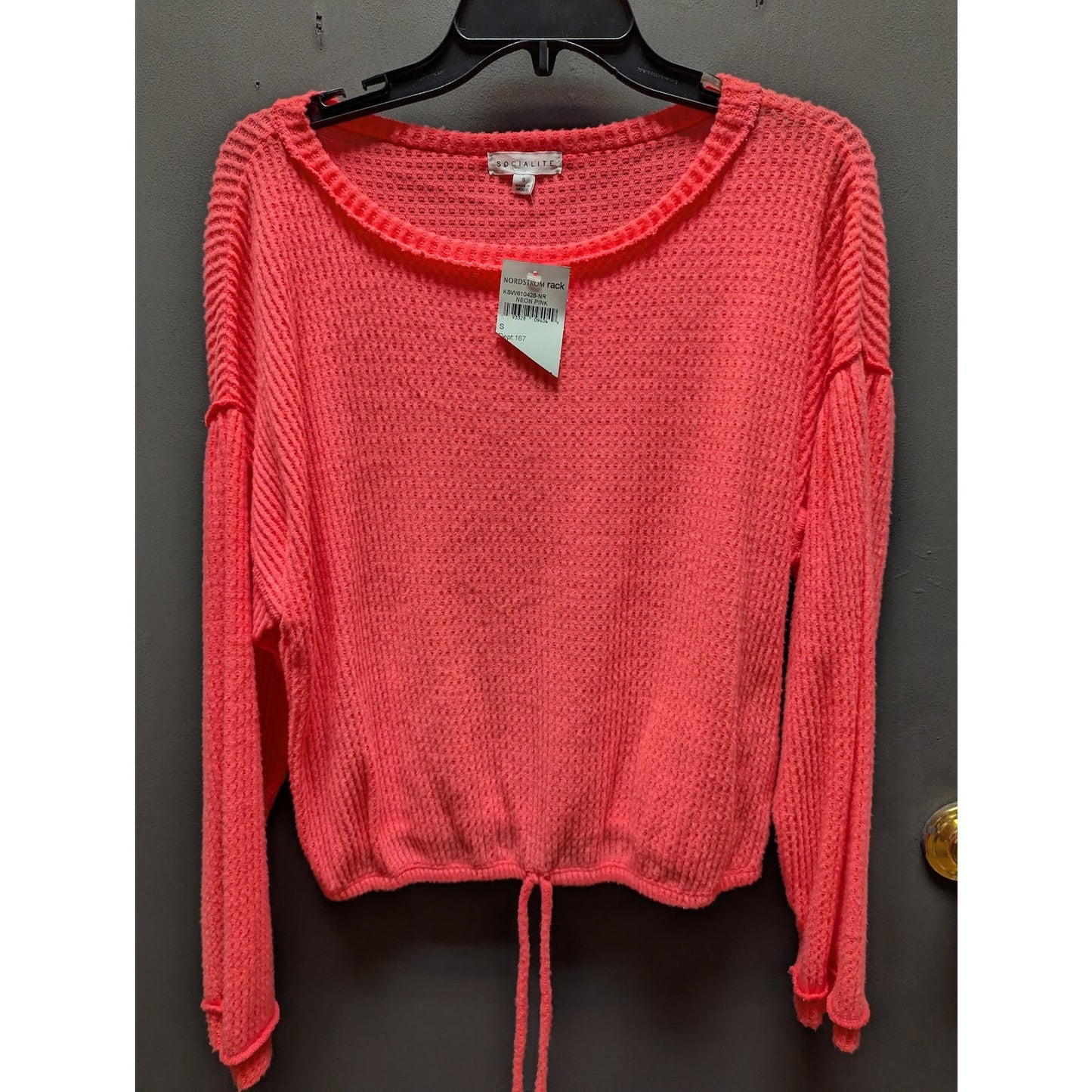 Socialite Neon Pink Size Small waffle knit long sleeve drawstring waist casual