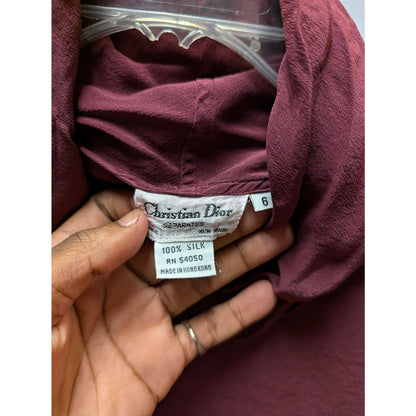 Christian Dior Cowl Neck Long Sleeve Top Size 6 Small Burgundy 100% Silk Blouse