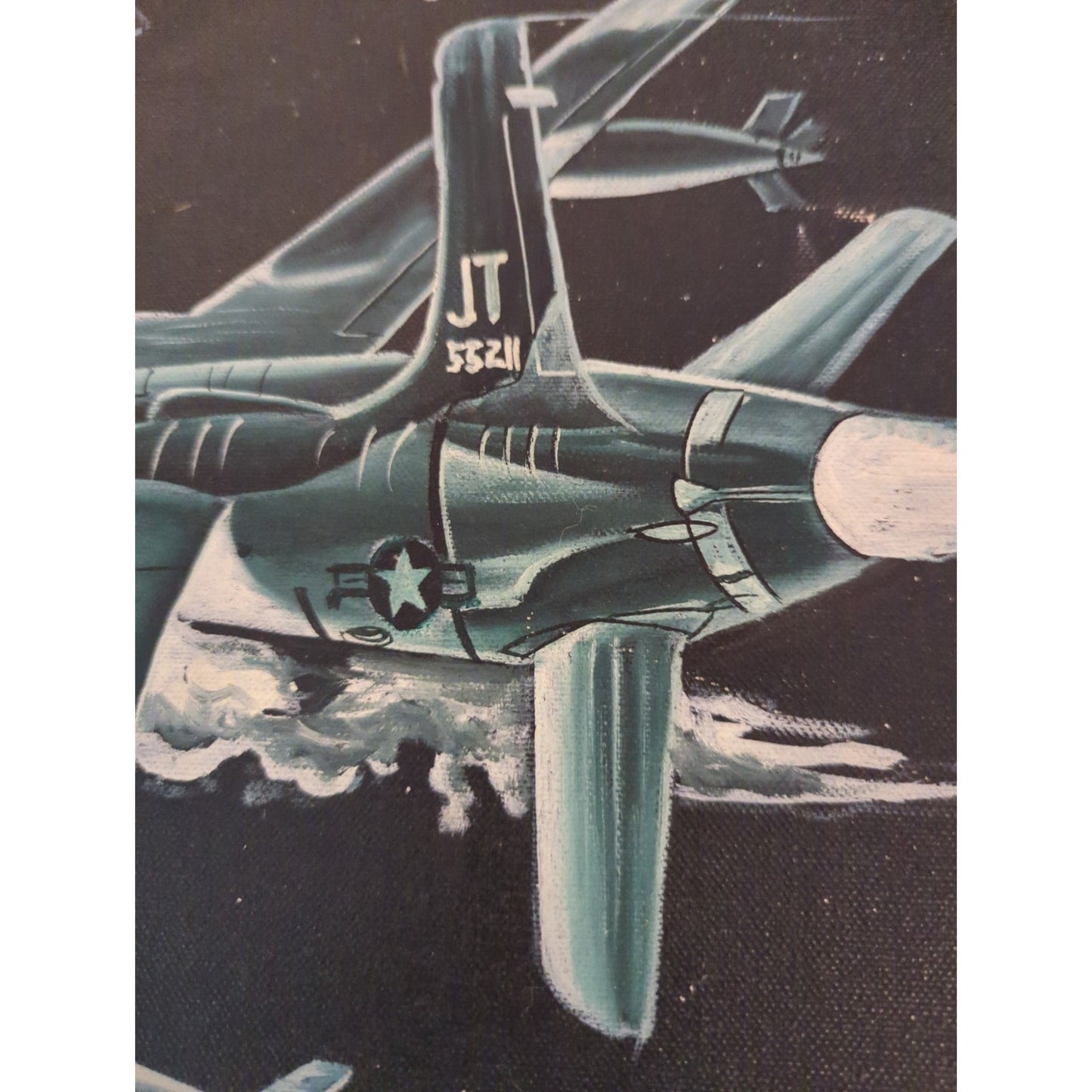 Vintage US Military Jet Fighter Ejection Scene Black Velvet Painting Carve Frame