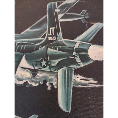 Vintage US Military Jet Fighter Ejection Scene Black Velvet Painting Carve Frame