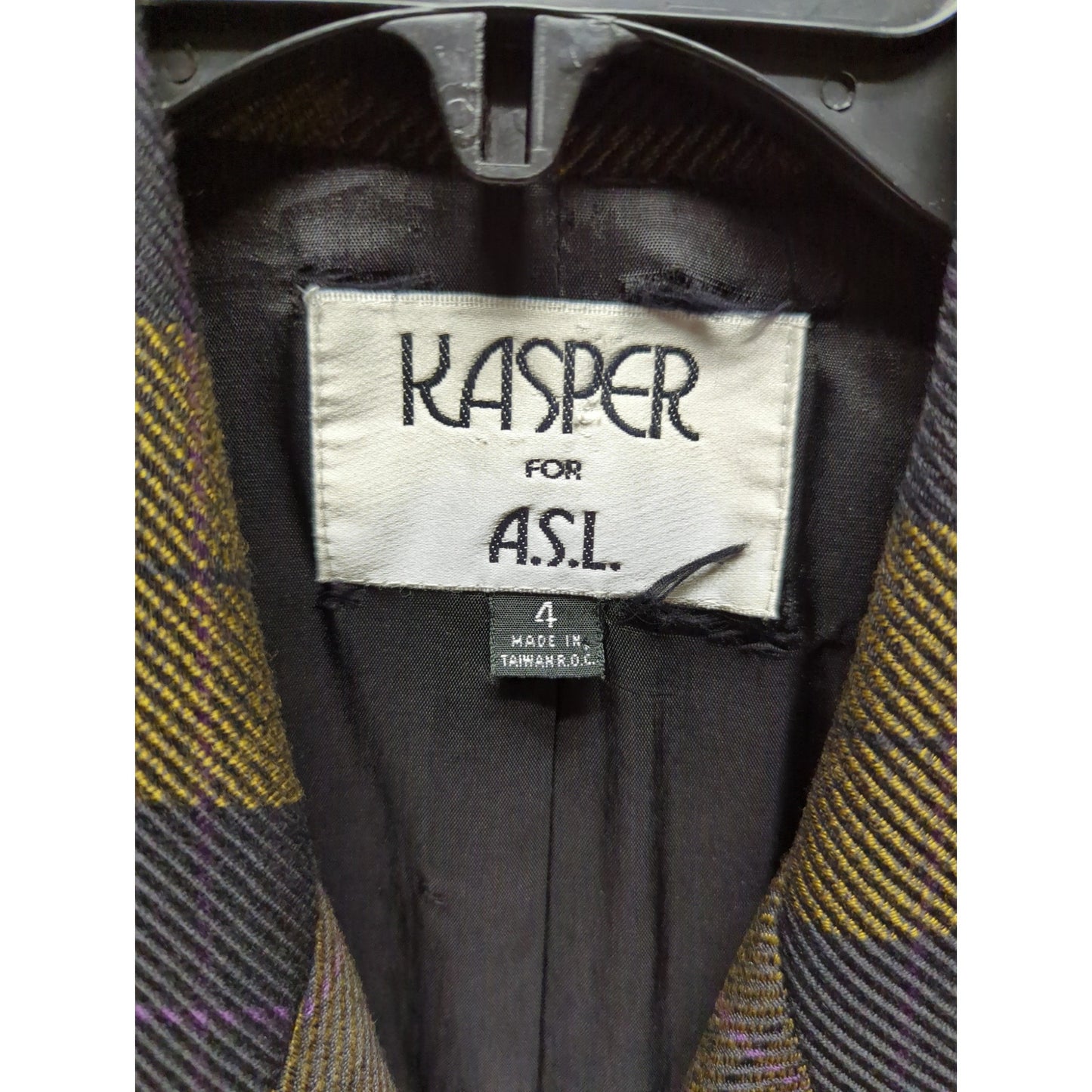 Kasper for ASL Size 4 Muted Gold Black Check Double Breasted Blazer Career