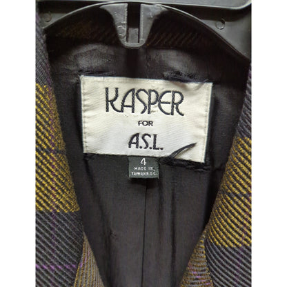 Kasper for ASL Size 4 Muted Gold Black Check Double Breasted Blazer Career