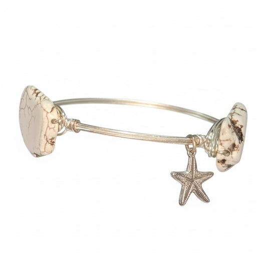 Vintage Silver Color Wire Bracelet Wrapped White Stone Star Fish Charm