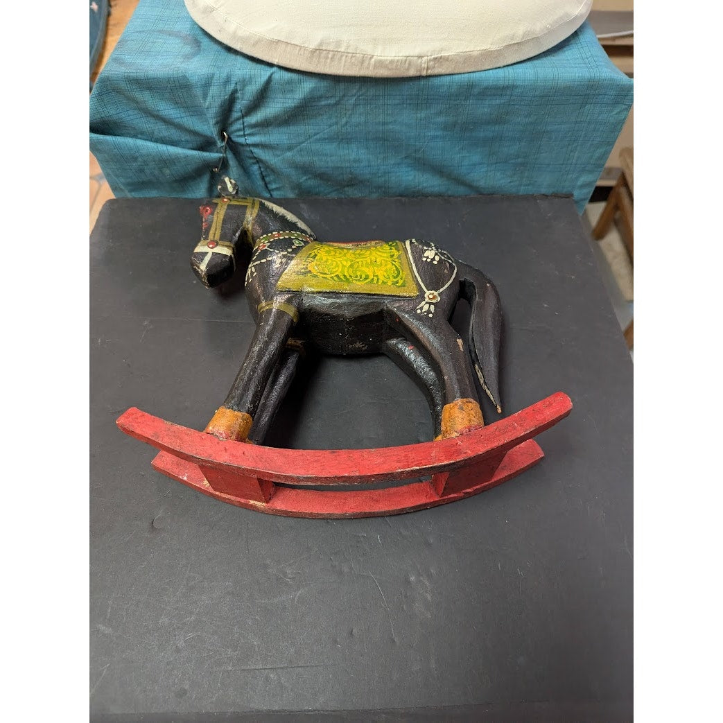 Antique Primitive Folk Art Painted Wood Rocking Horse Wanderer Romani 12” Wide