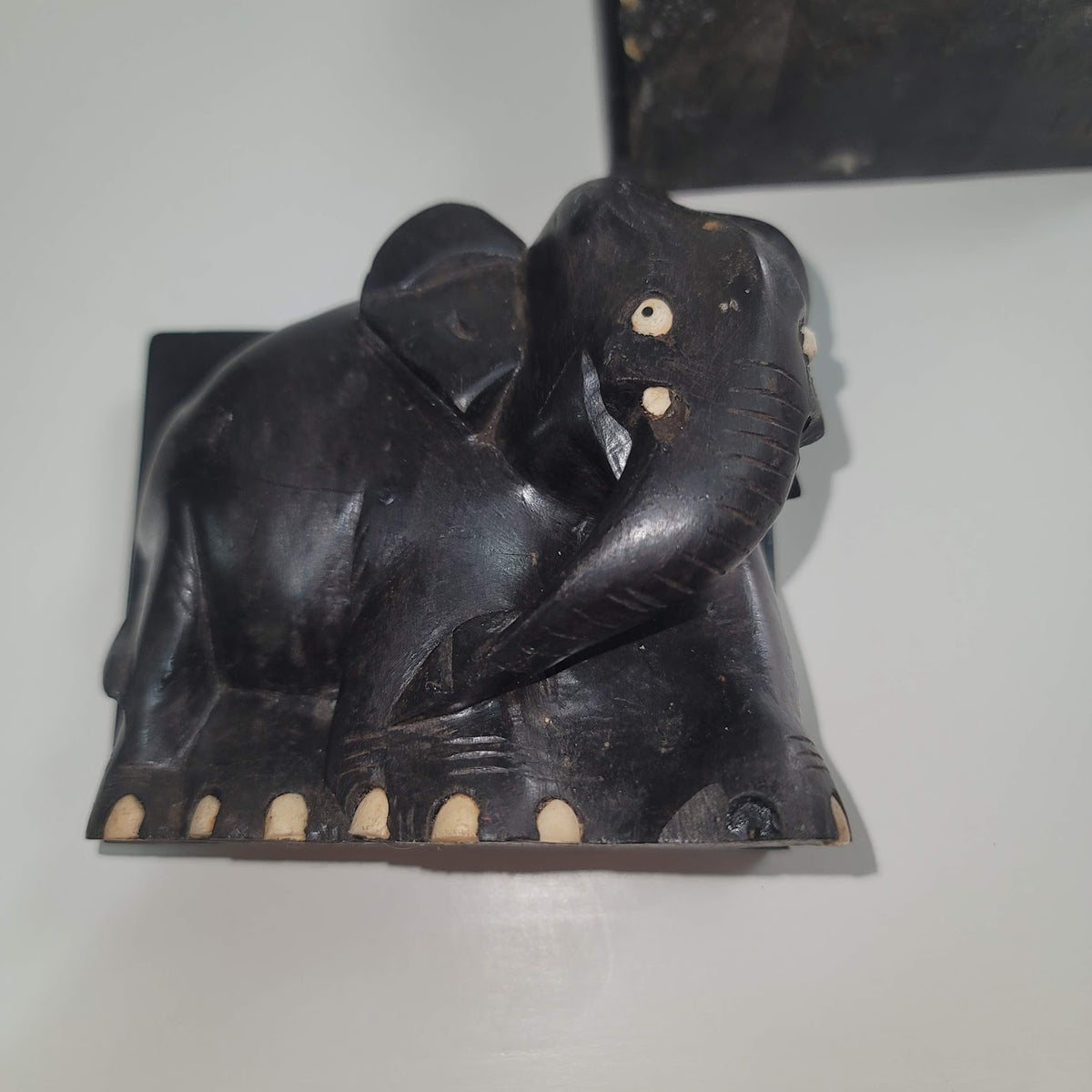 Vintage Elephant Bookends Hand Carved Wooden Ebony wood Bone Accents