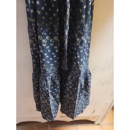 Max Studio Waist Tie Flounce Hem Dress Navy Floral Womens Medium Midi 3/4 Sleeve