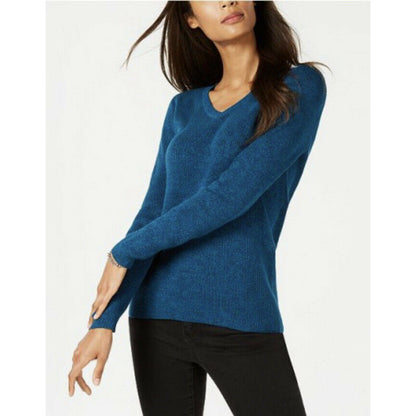 Karen Scott Women Cotton Ribbed Long Sleeve Blue Teal Marled Sweater Size Medium