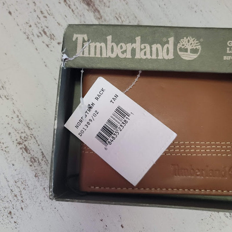 Timberland Genuine Leather Tan Saddle Stitch Cream  Bifold Wallet 3.5 x 4.5 NEW