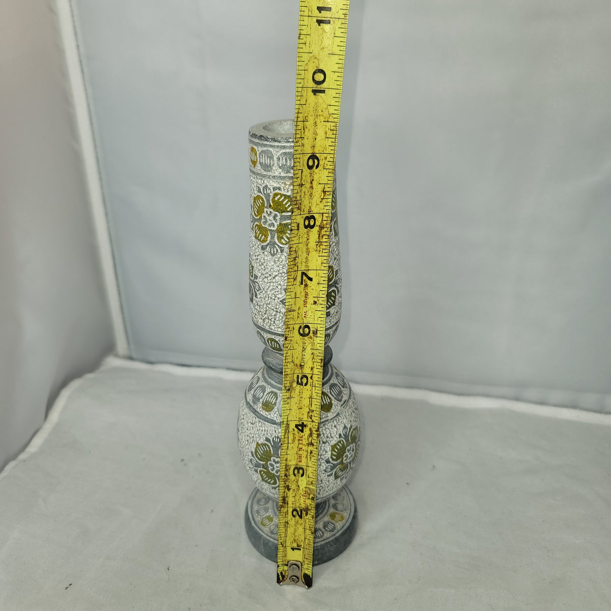 Etched taper Marble candlestick candle holder gray floral geometric heavy 9"