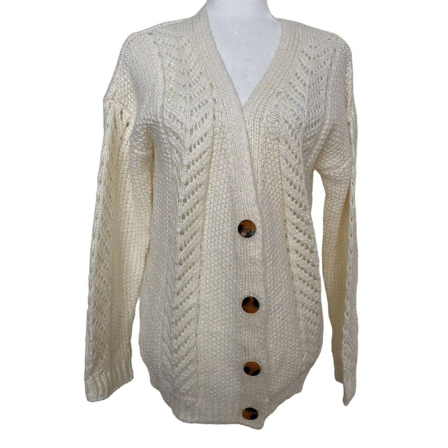 CENY Grandpa Mixed Cable Knit Cardigan Sweater Size Small in Natural/Ivory NWT