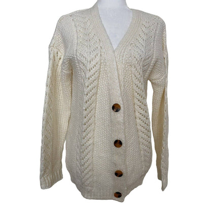 CENY Grandpa Mixed Cable Knit Cardigan Sweater Size Small in Natural/Ivory NWT