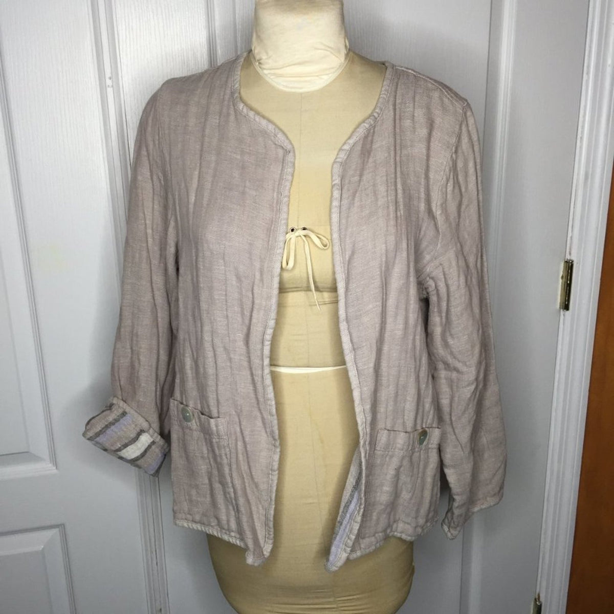 Tahari Linen Cotton Open Front Jacket LARGE Long Sleeve Lagenlook Pockets Gray