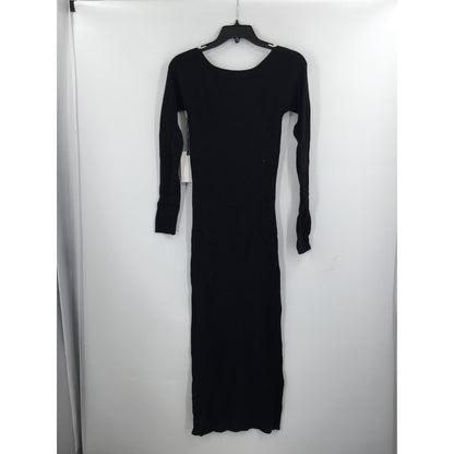 Leith Ribbed Side Slit Sweater Dress Long Sleeve Square Neck Black LIGHT Small