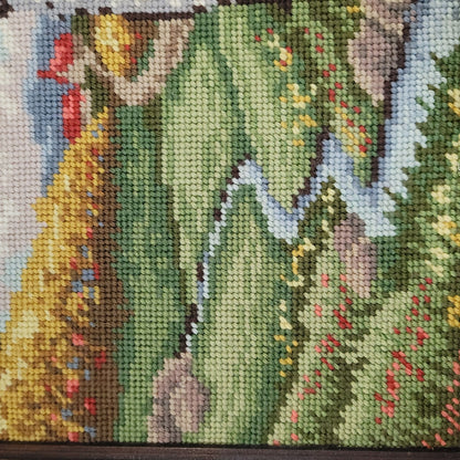 Vintage Cross Stitch Embroidery Old Country Little Church In The Woods Framed