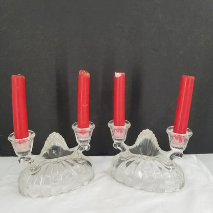 Vintage Pair Glass Double stick Candlestick Holders clear Pressed