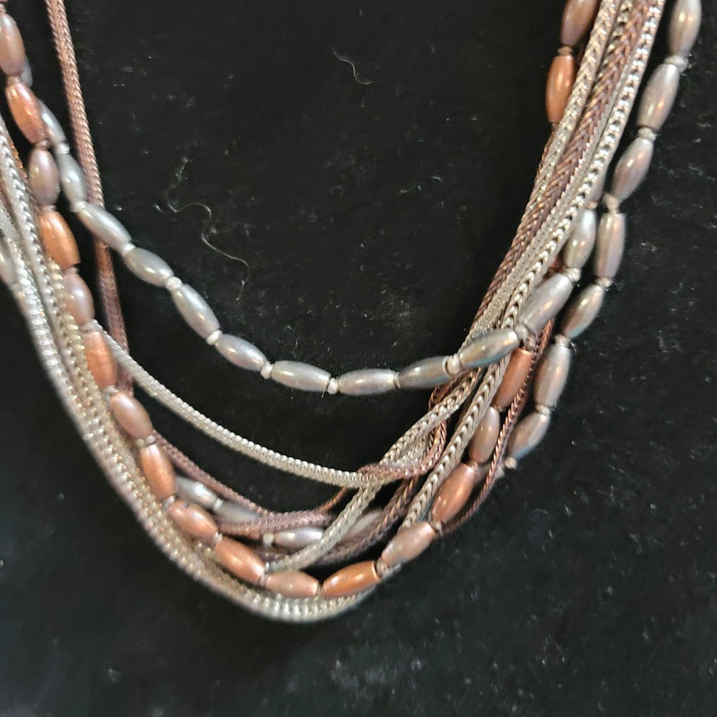 Kenneth Cole Costume Jewelry Steampunk Multi Layered Necklace Metal Tones Beaded