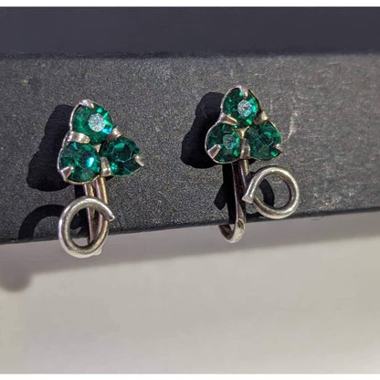 Vintage Green Stone Sprout Silvertone Screw Back Clip On Earrings