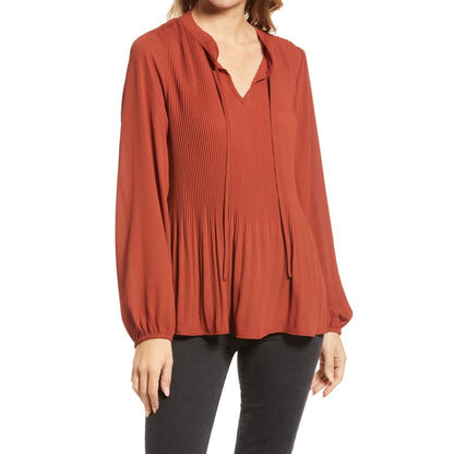 Chelsea28 Pleated Tie Neck Blouse Long Sleeve Rust Henna Brown Size Large