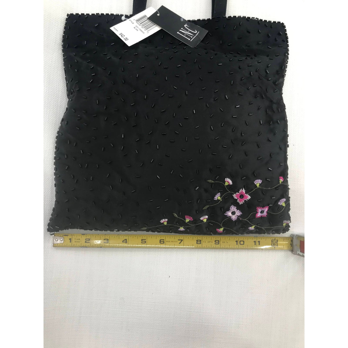 International Concept Embroidered Flower & Beaded Totes Hand Bag Black NWT