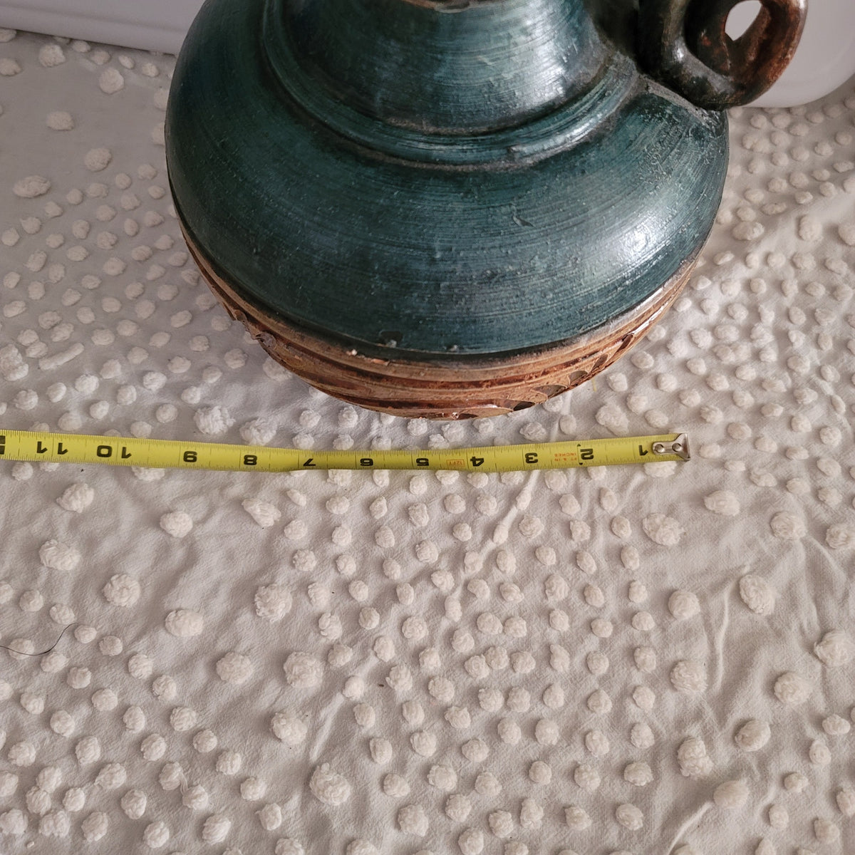 Mexican clay pottery ewer pitcher Teal Gold green Large 12" Tall heavy