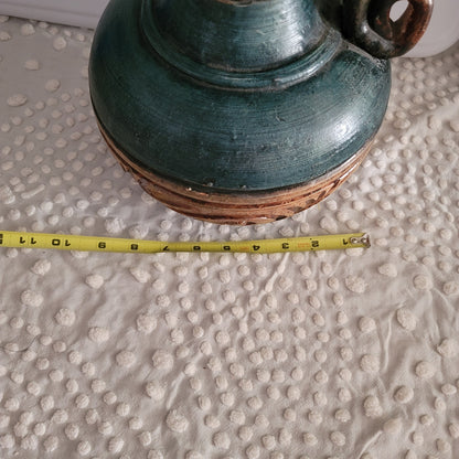 Mexican clay pottery ewer pitcher Teal Gold green Large 12" Tall heavy