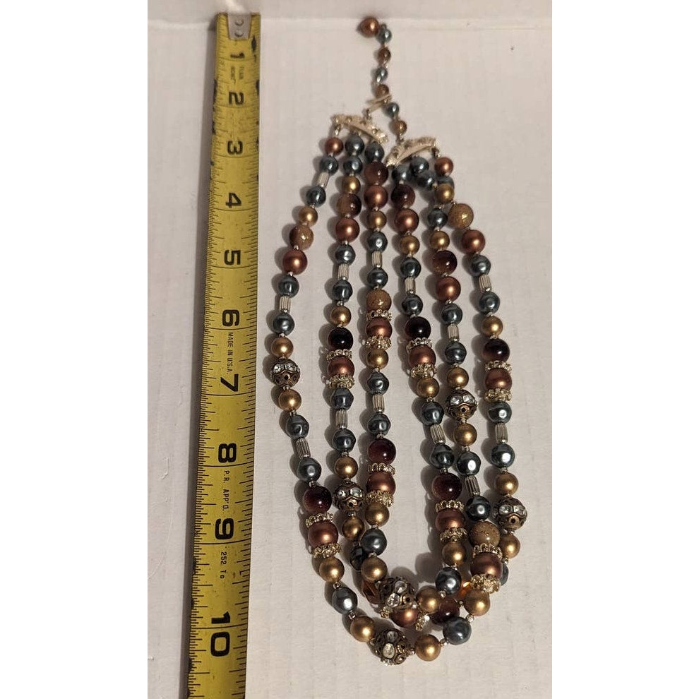 Vintage Costume Jewelry Fashion Layered Beaded Necklace 3 Strand Blue Faux Pearl