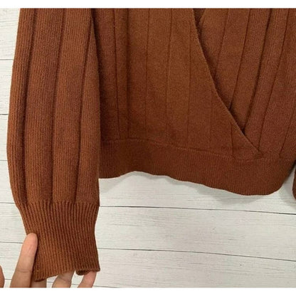 Leith Women's Wide Rib Sweater Large Brown Shell NWT V-Neck Surplice Faux Wrap