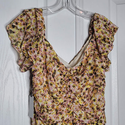 ASTR blush yellow Large Summer Dress floral Lined Flutter Short Sleeves Rouched