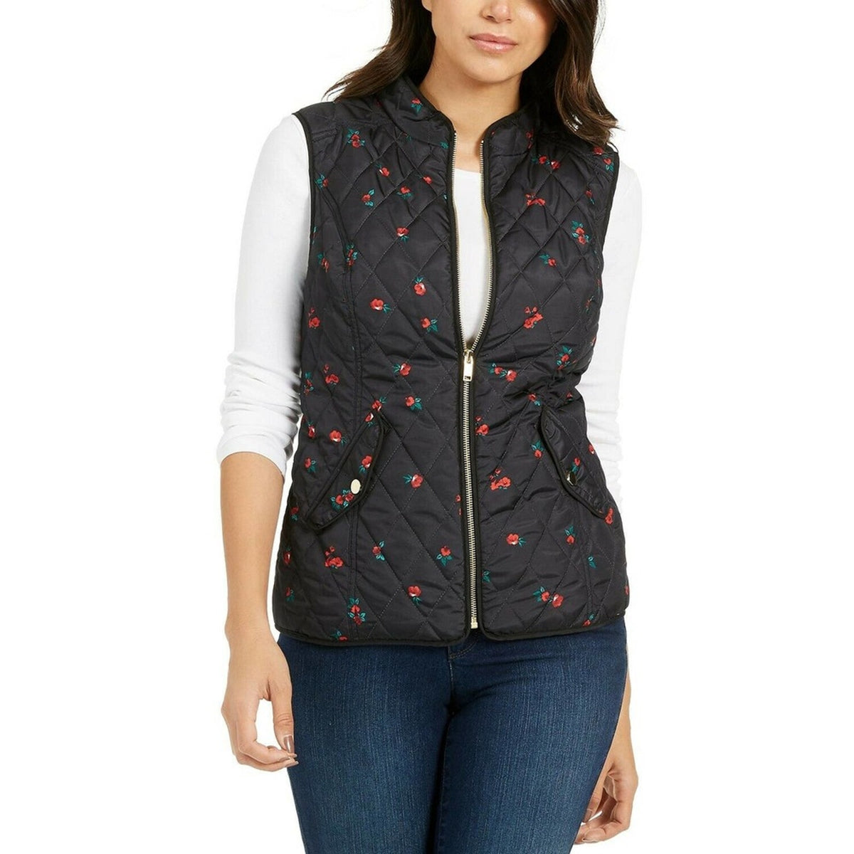 Charter Club xs Floral Quilted Vest Sleeveless High-Neck Deep Black X-Small