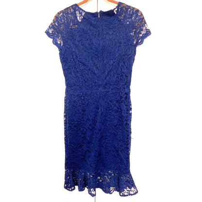 Thalia Sodi Cap Sleeve Jewel Neck Ruffle Hem Lace Midi Dress Sz Medium Navy NWT