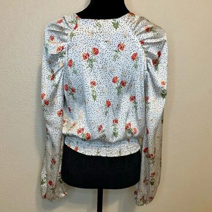 TopShop Women’s Floral Dot Tie Front Satiny Blouse Size 4 White Dots Floral NWT