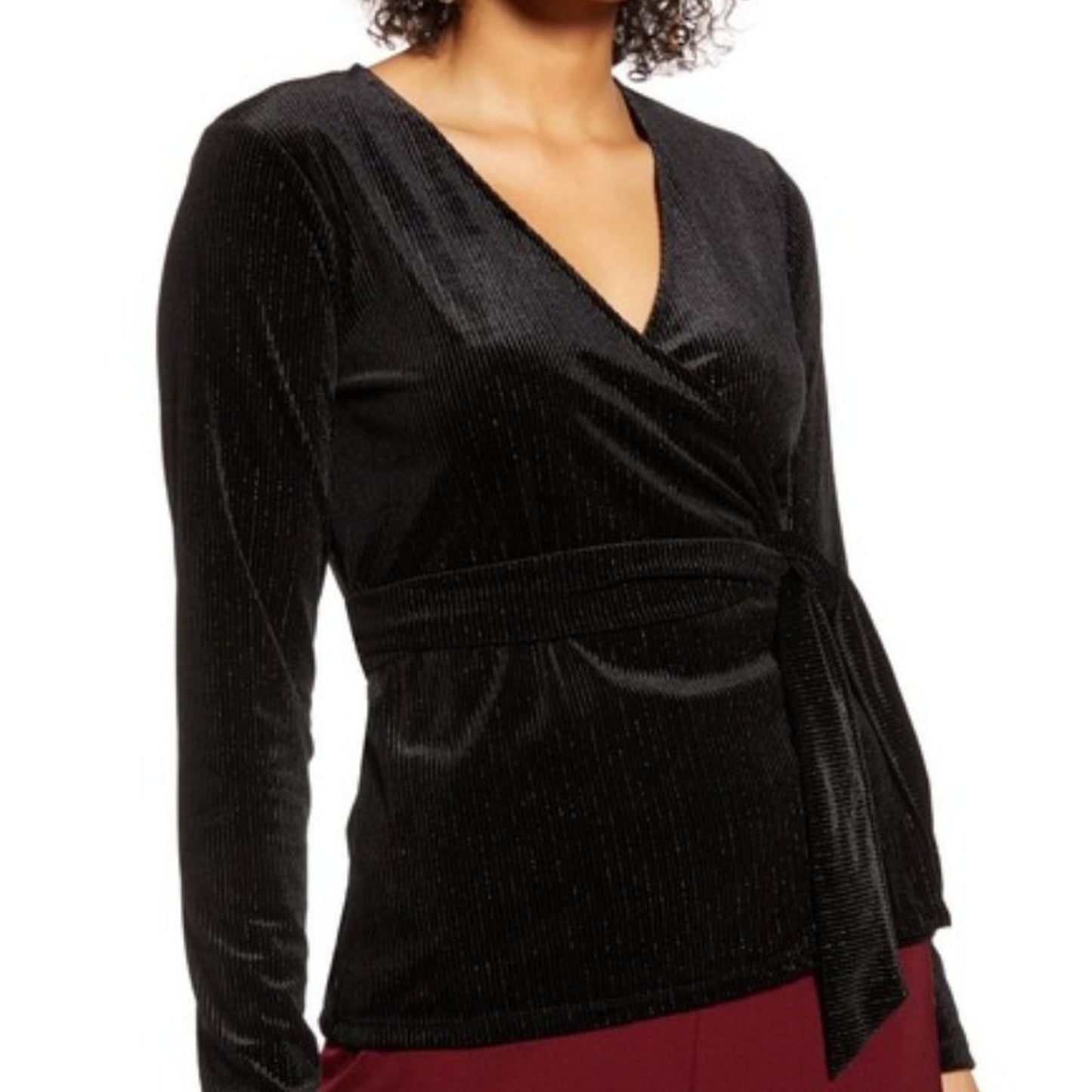 Halogen Velvet Metallic Ribbed Wrap Top Long Sleeve Surplice V-Neck Medium NEW