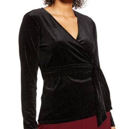 Halogen Velvet Metallic Ribbed Wrap Top Long Sleeve Surplice V-Neck Medium NEW