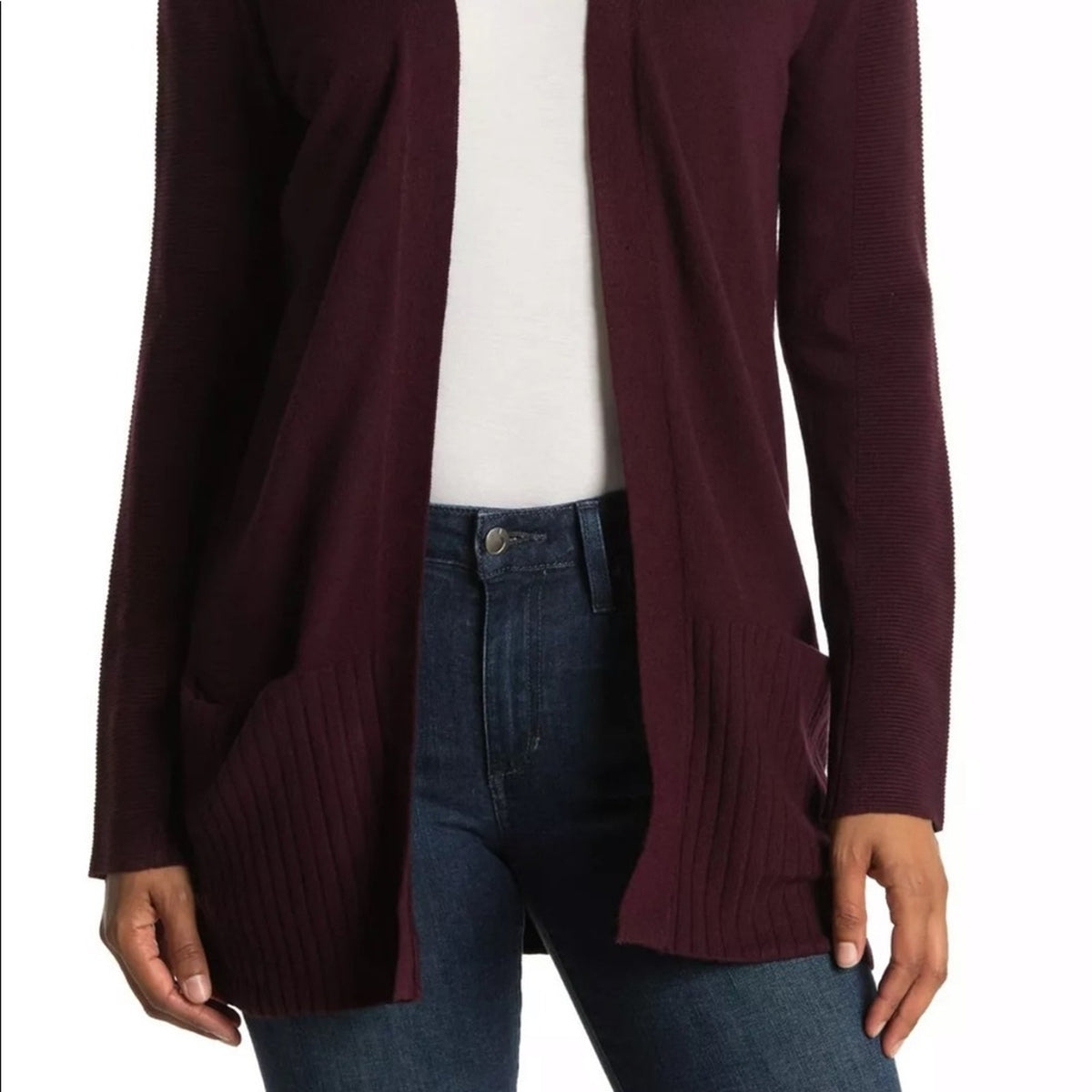 Cyrus Sweater Maroon Ribbed Sleeve Open front lightweight Cardigan Small