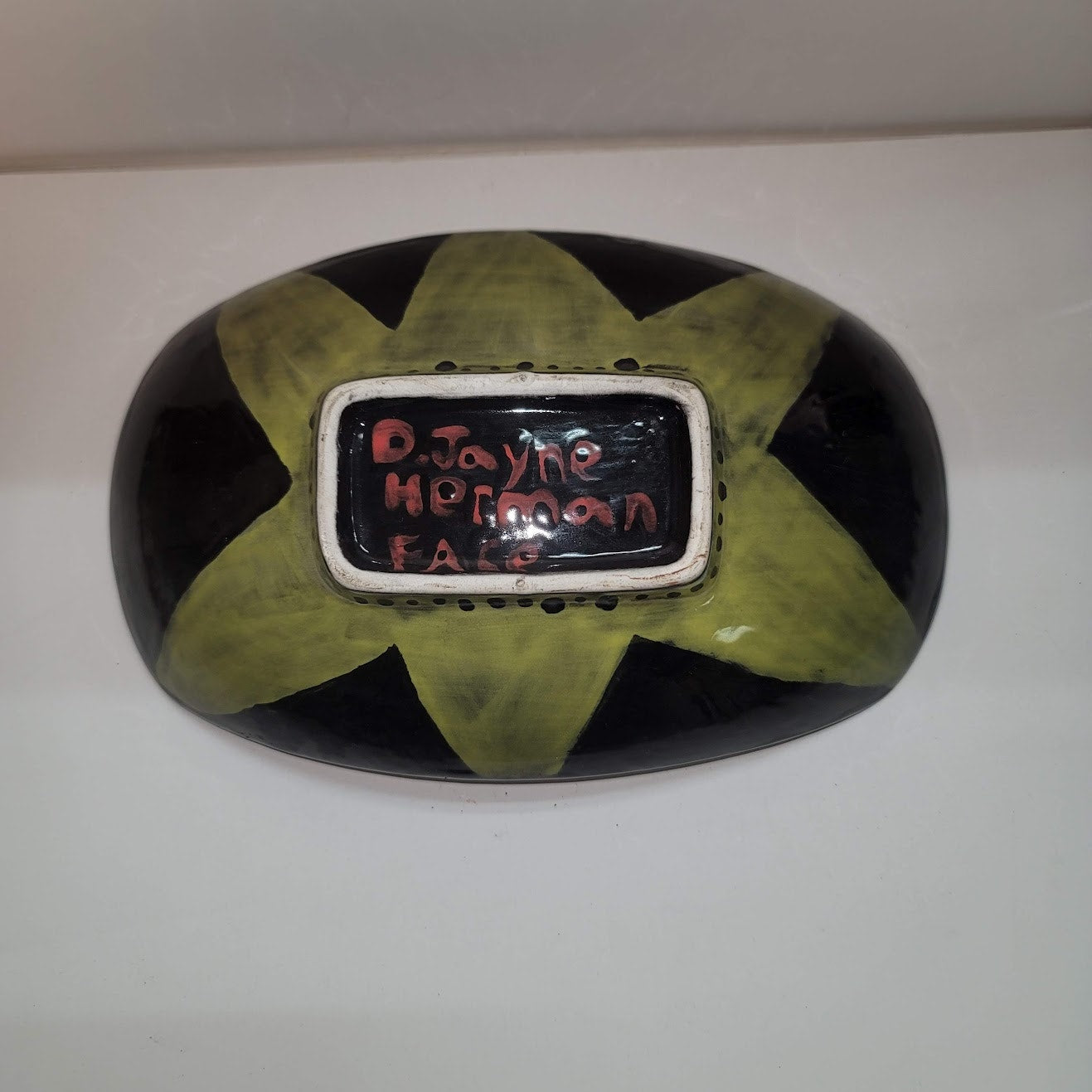D. Jayne Herman Face Handmade Hand Painted bowl blue green MCM pottery