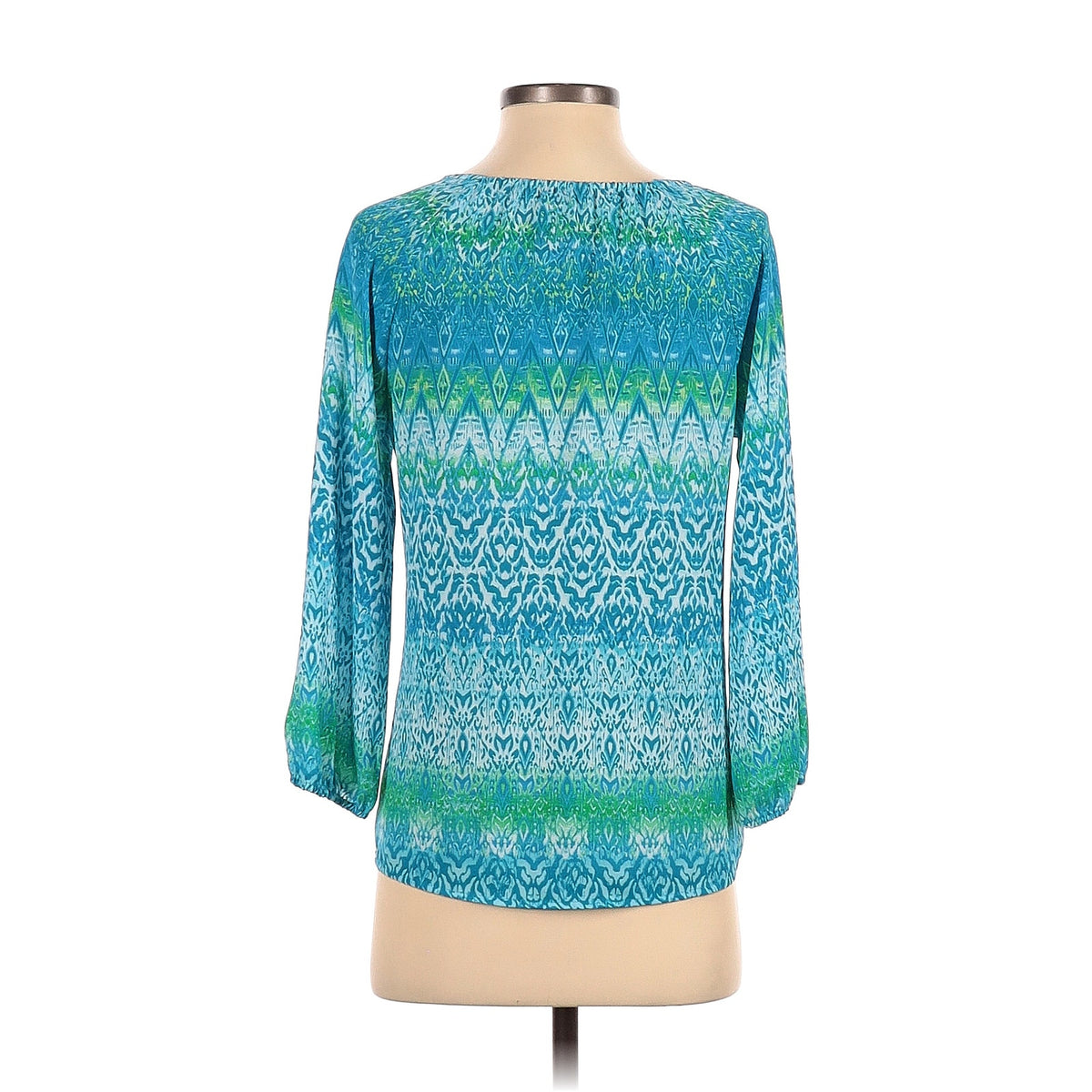 New Directions 3/4 Sleeve Blouse Size Small Blue Green Geometric Pattern