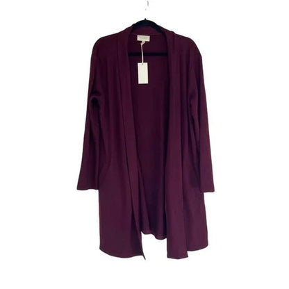 Melloday Women's Open Cardigan Sweater Large Wine NWT Slash Pockets Tunic Length