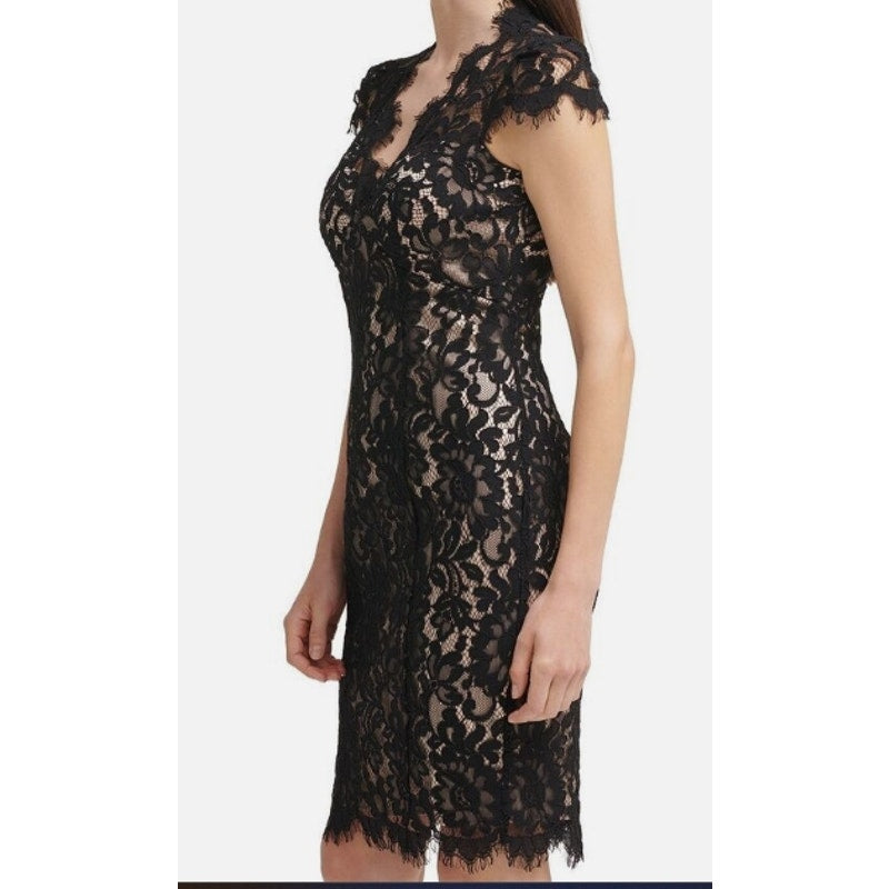 Eliza J Bodycon V Neck Cap Sleeve Cocktail Dress in Black/Ivory Size 6 NWT