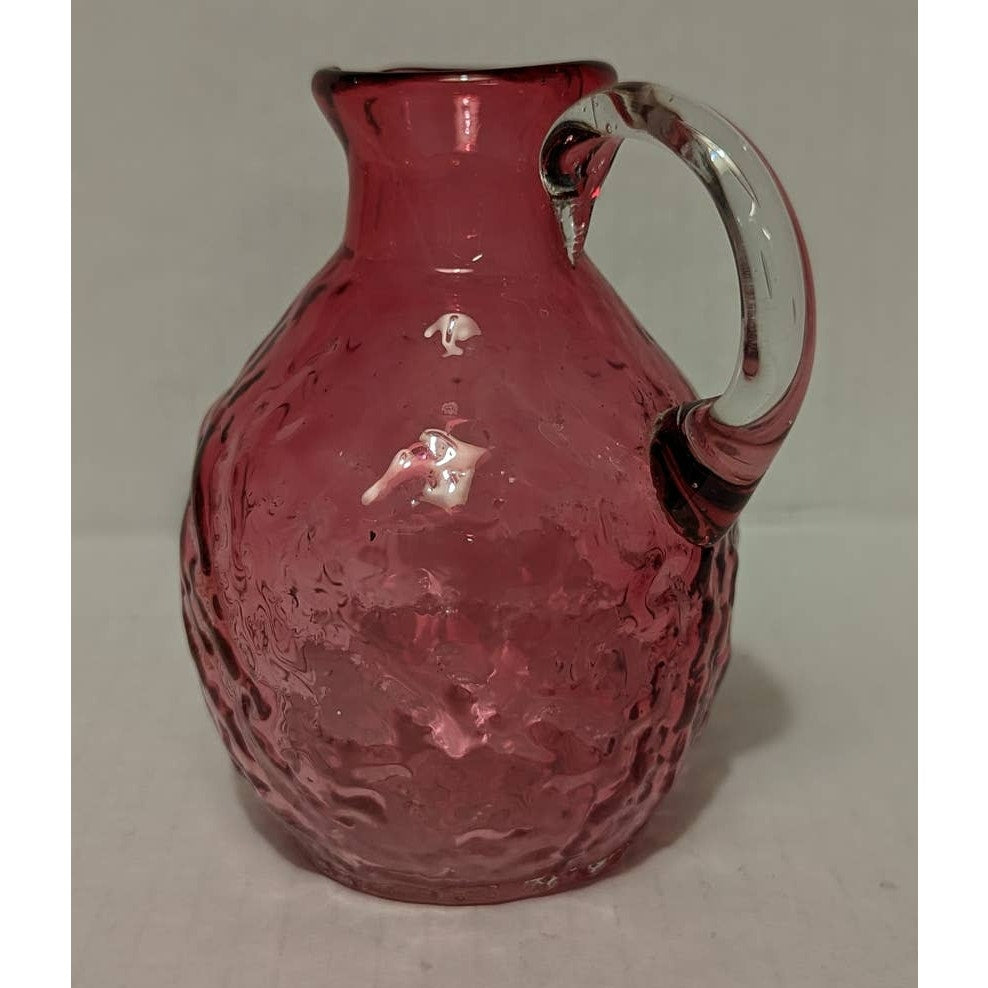 Vintage Pilgrim Cranberry Pebble Glass Miniature Jug Pitcher Clear Handle Pink