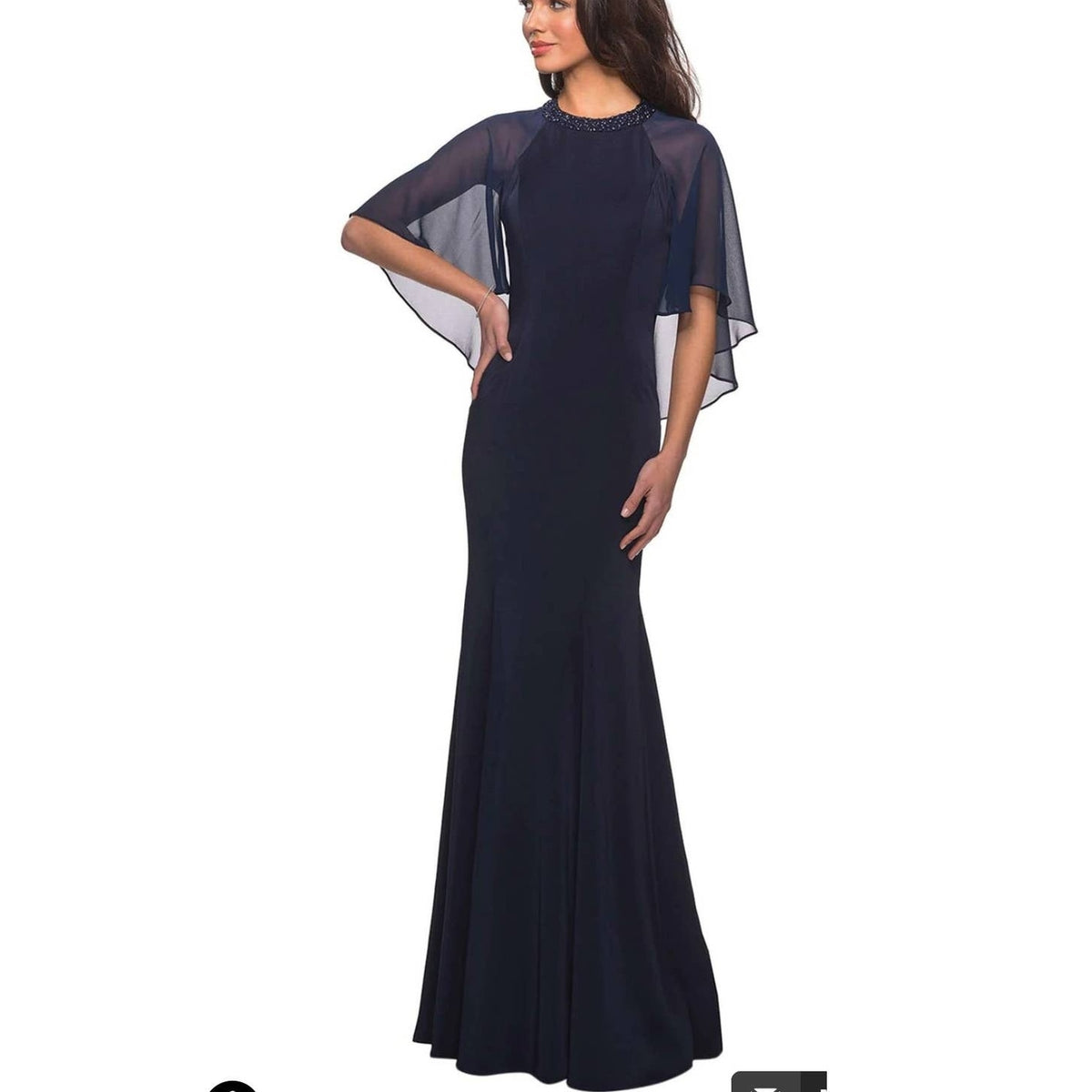La Femme Navy Illusion Cape Trumpet Gown Jewel Neck Dress Size 16 Wedding Formal