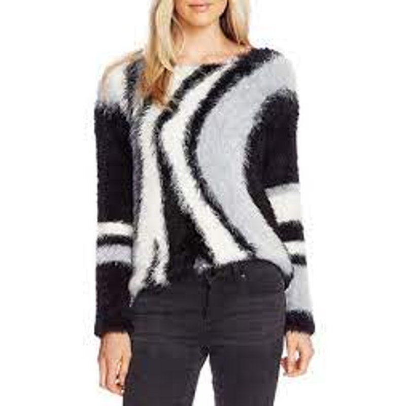 Vince Camuto Abstract Stripe Eyelash Sweater Ballet Neck Rich Black XS