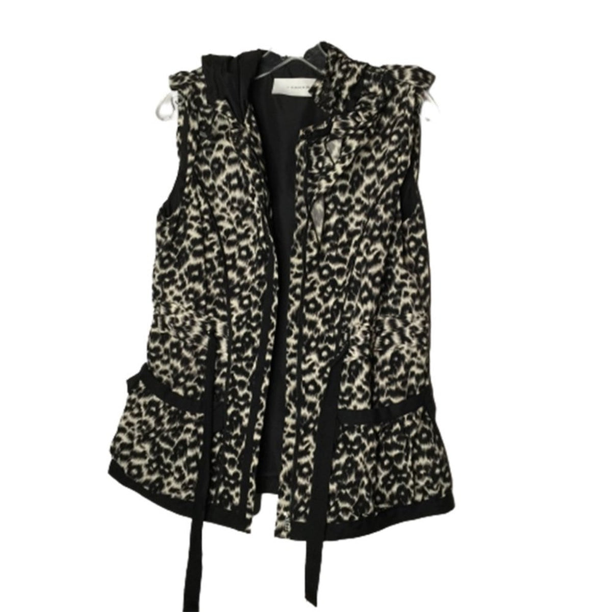 T Tahari Ruffle Hooded Tie Waist Sleeveless Vest Small animal print leopard